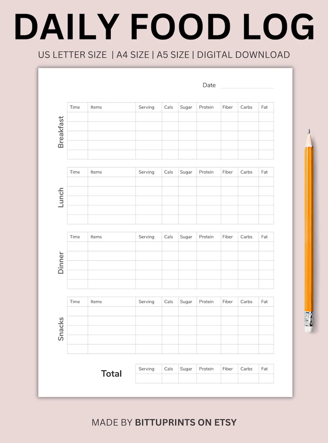 Daily Food Log Journal Printable PDF Calorie Tracker Instant Download Etsy