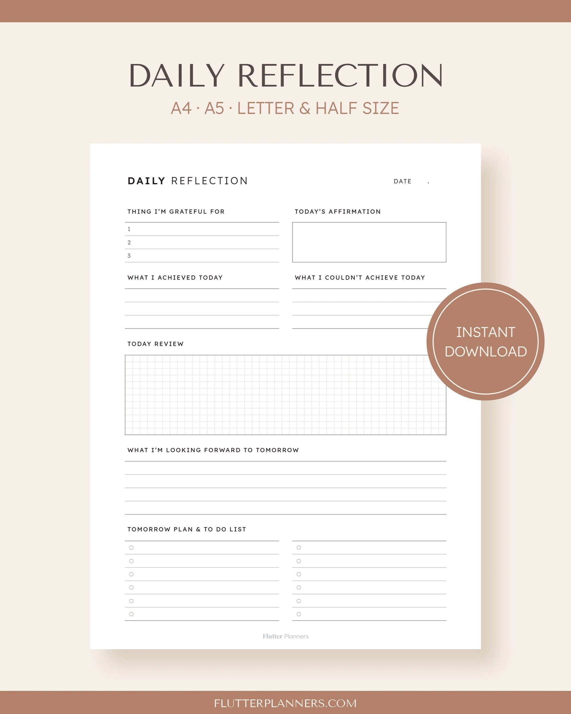 Daily Reflection Printable Daily Journal Template To Do List PDF Daily Review Worksheet Daily Gratitude Inserts Editable Planner Etsy