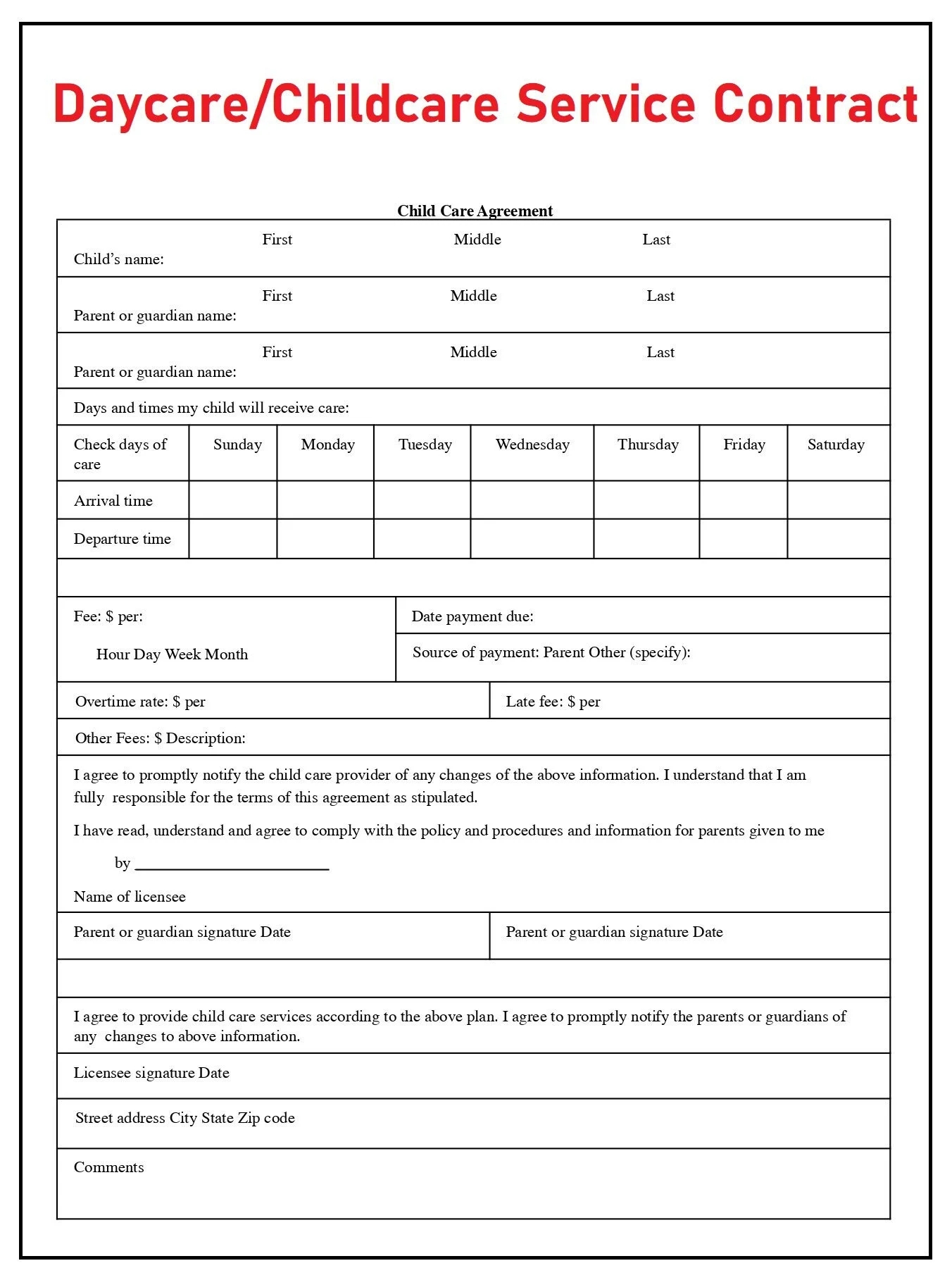 Daycare Contract Daycare Childcare Service Agreement In PDF File Child Care Contract Instant Download Etsy