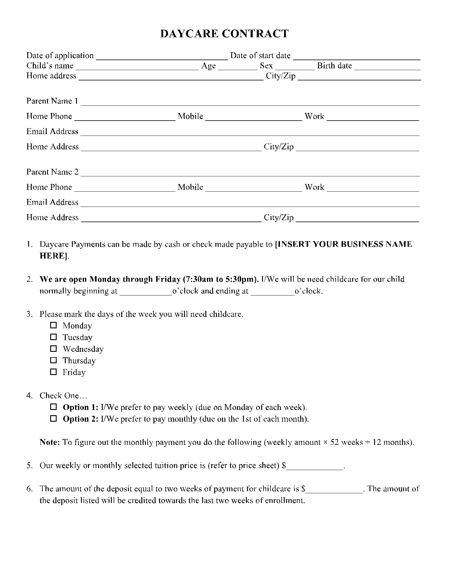 Daycare Contract Template Download A Sample CocoSign