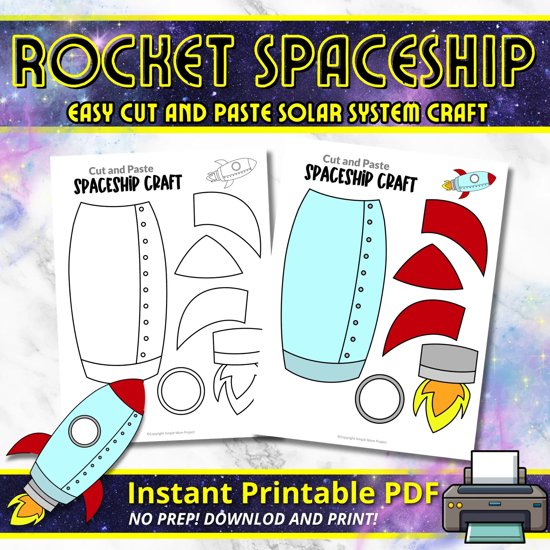 Digital Printable Rocket Spaceship Cut And Paste Craft For Any Age Group Spaceship Coloring Page Activity Simple Mom Project Store