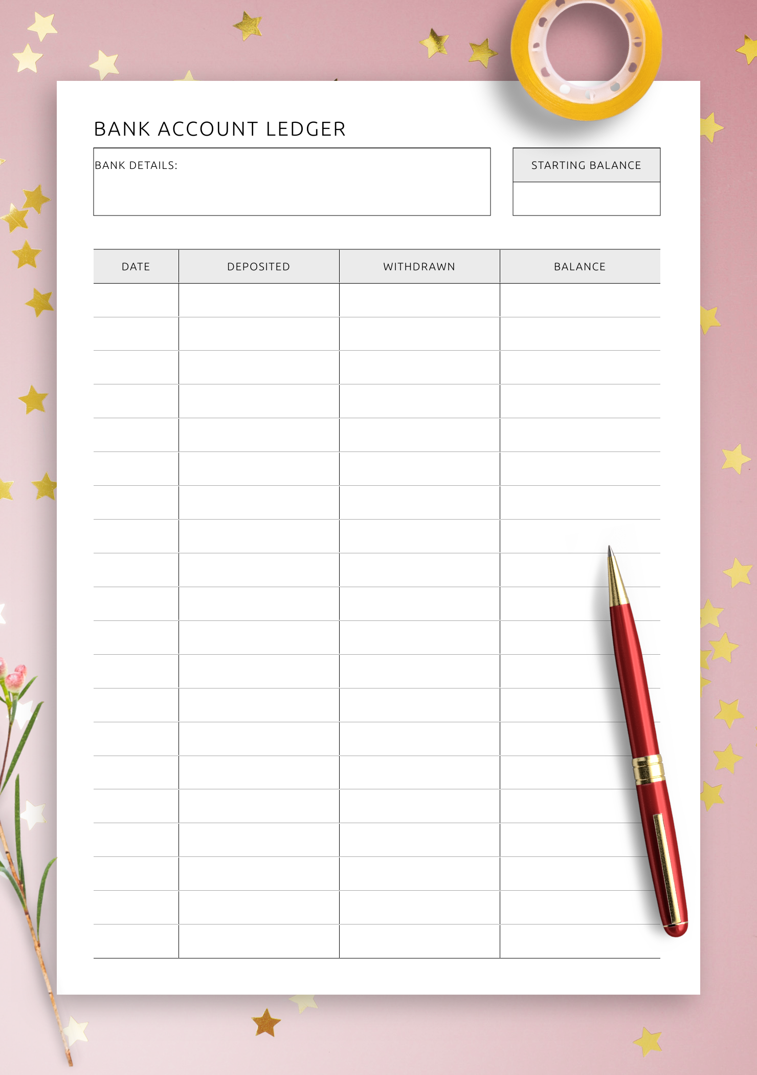 Download Bank Account Ledger Printable PDF Or Digital For ReMarkable Kindle Supernote
