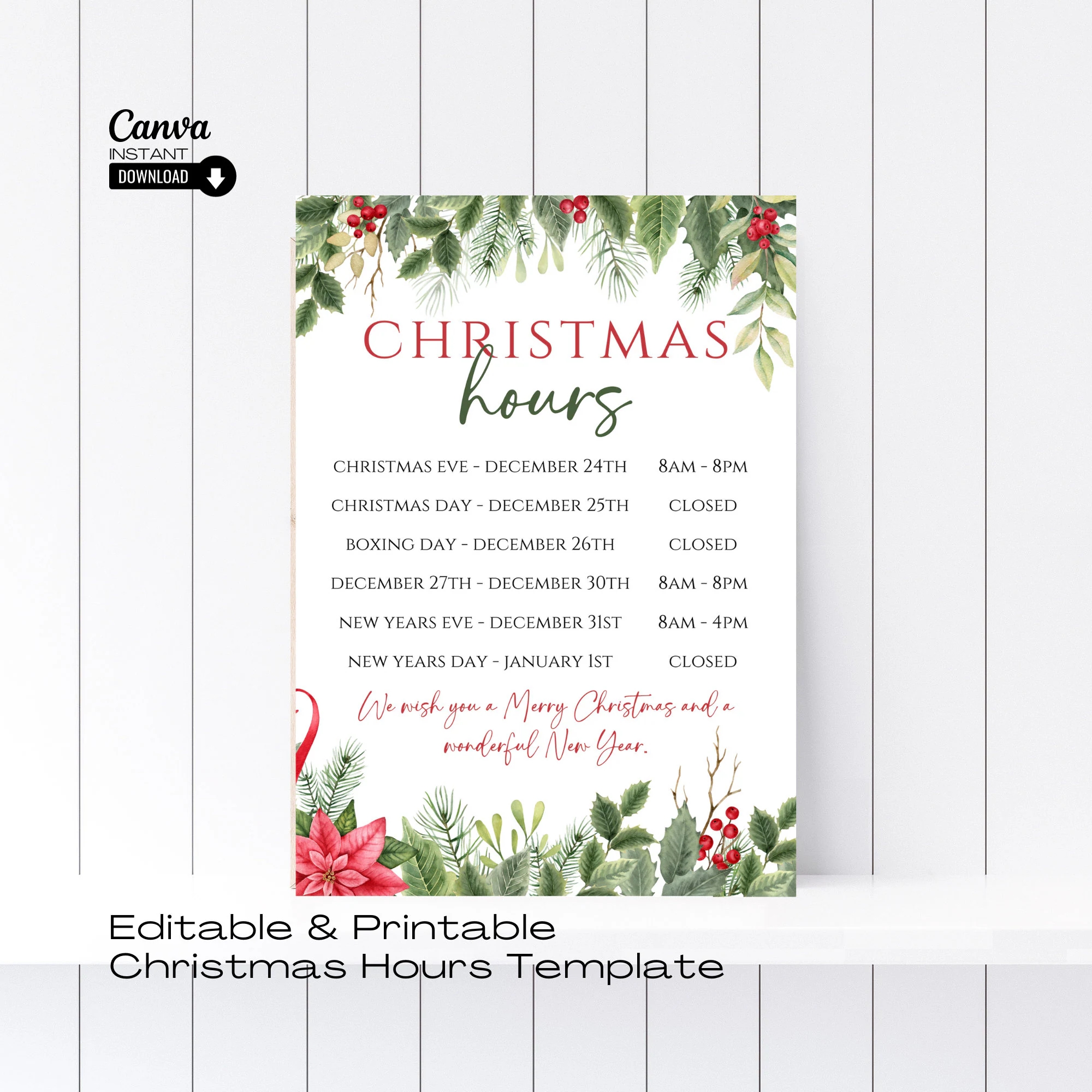 Printable Holiday Hours Template