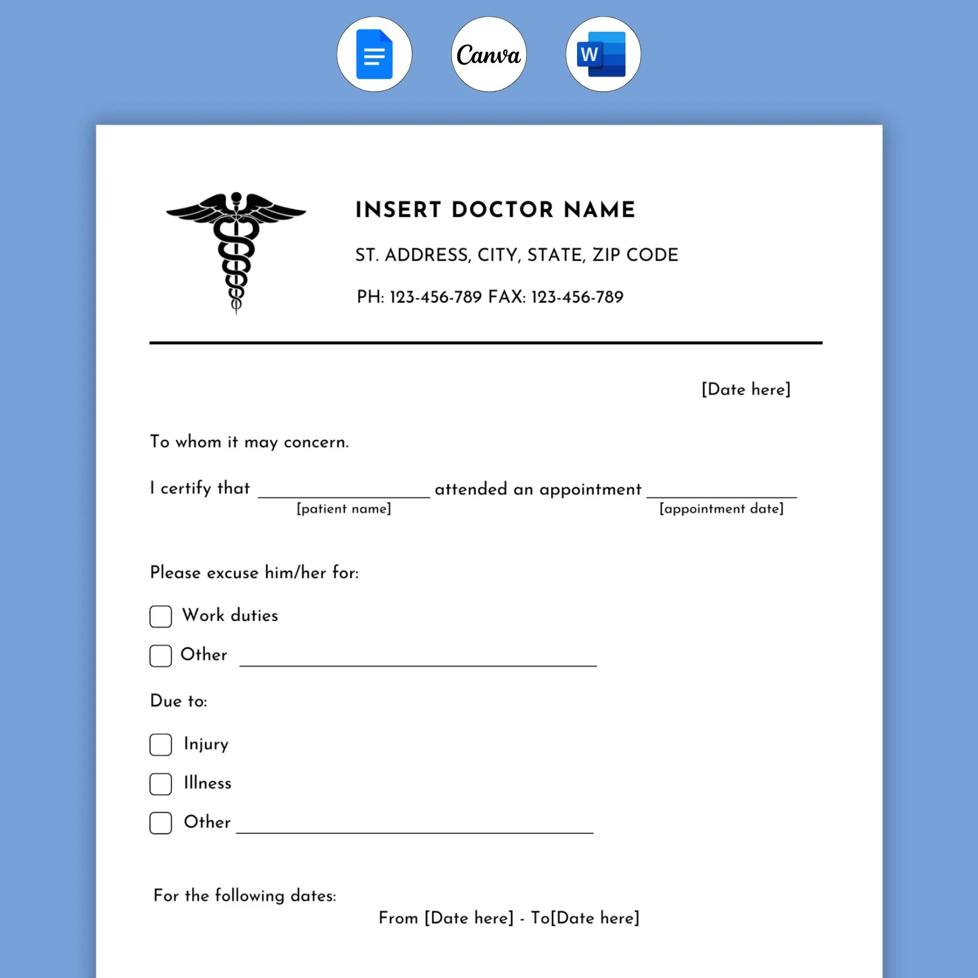 Editable Doctor Excuse Note For Work Printable Doctors Note 