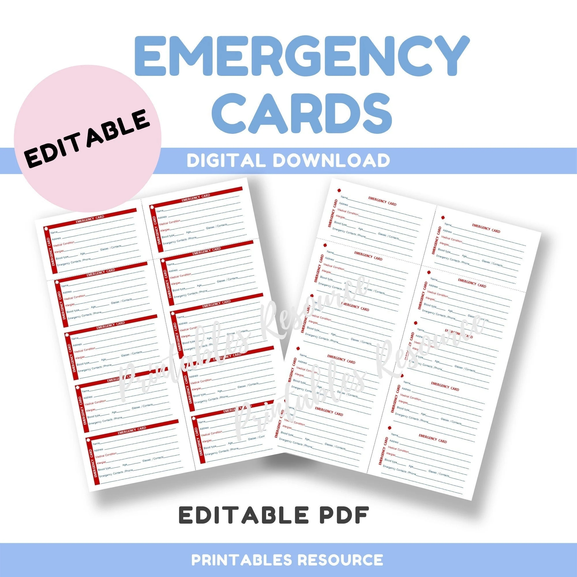EDITABLE Emergency Wallet Card Editable PDF L Emergency Contact Information L In Case Of Emergency Wallet ID Printable Etsy UK