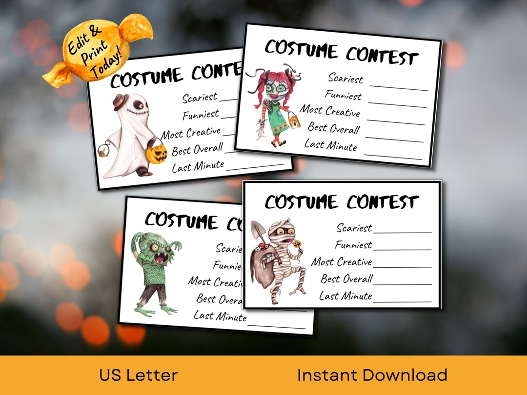 EDITABLE Halloween Ballot Template For Costume Contest With Retro Vintage Costume Designs US Letter PDF Instant Download Etsy