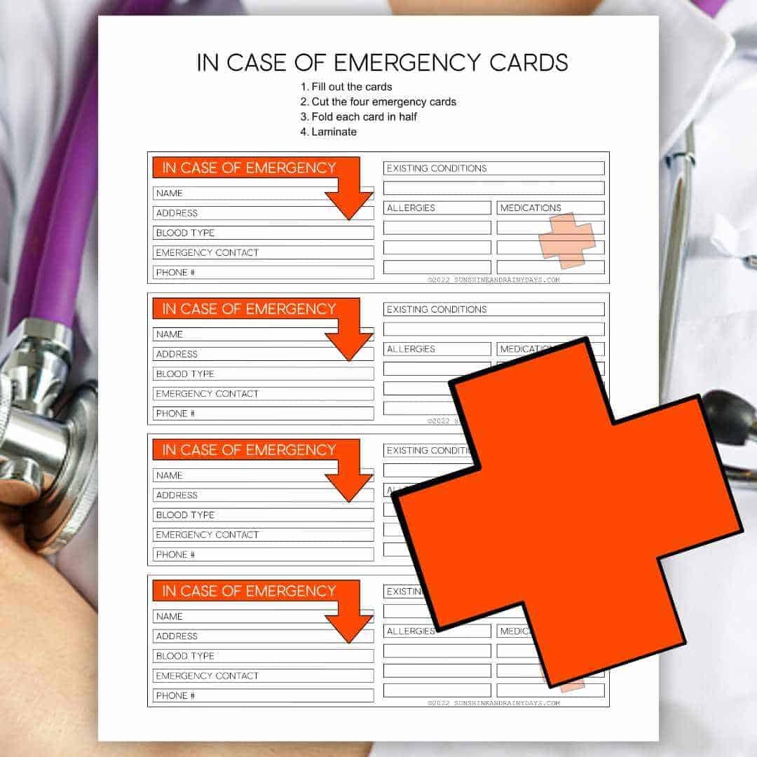 Editable In Case Of Emergency Card Sunshine And Rainy Days