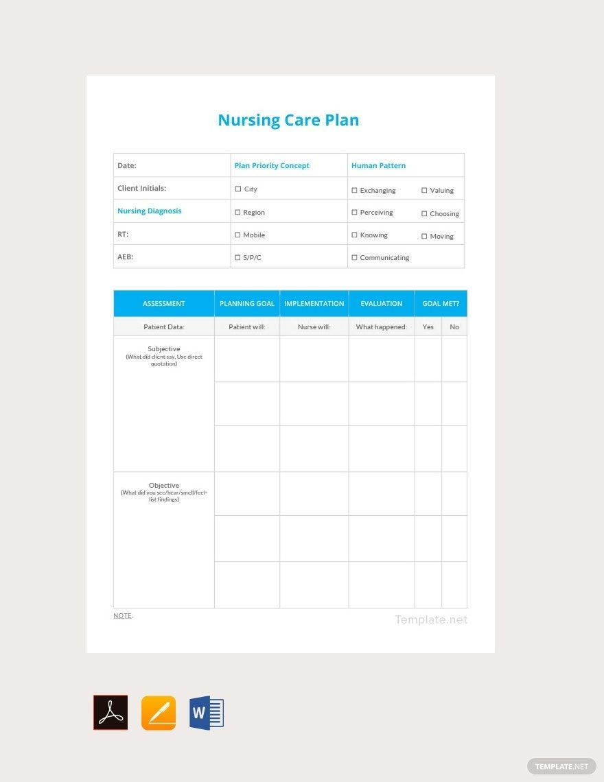 Nursing Care Plan Template Printable