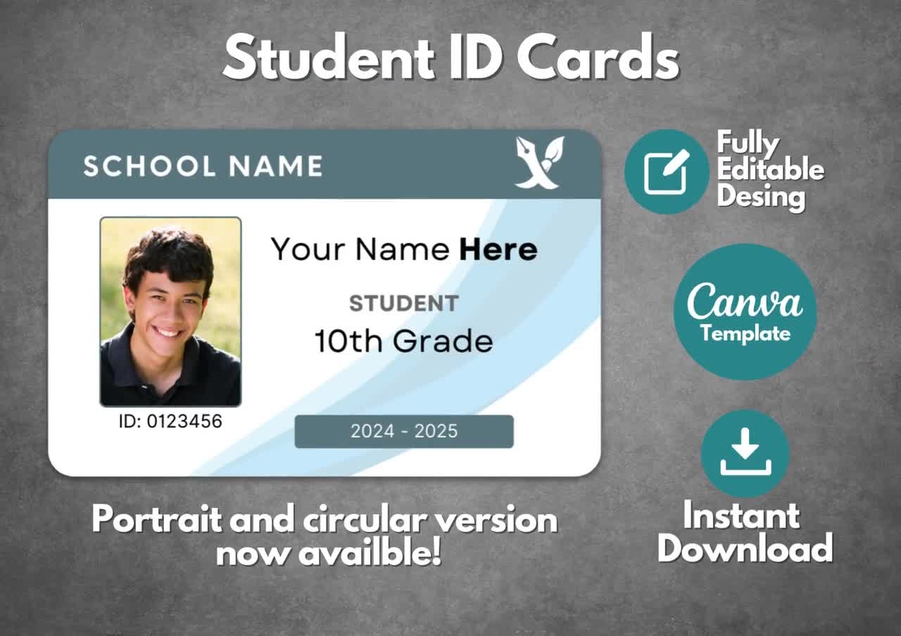 Editable Student ID Card Template Custom ID Badge Template Printable ID Card With Photo School And Student Name Card Canva Template Etsy New Zealand