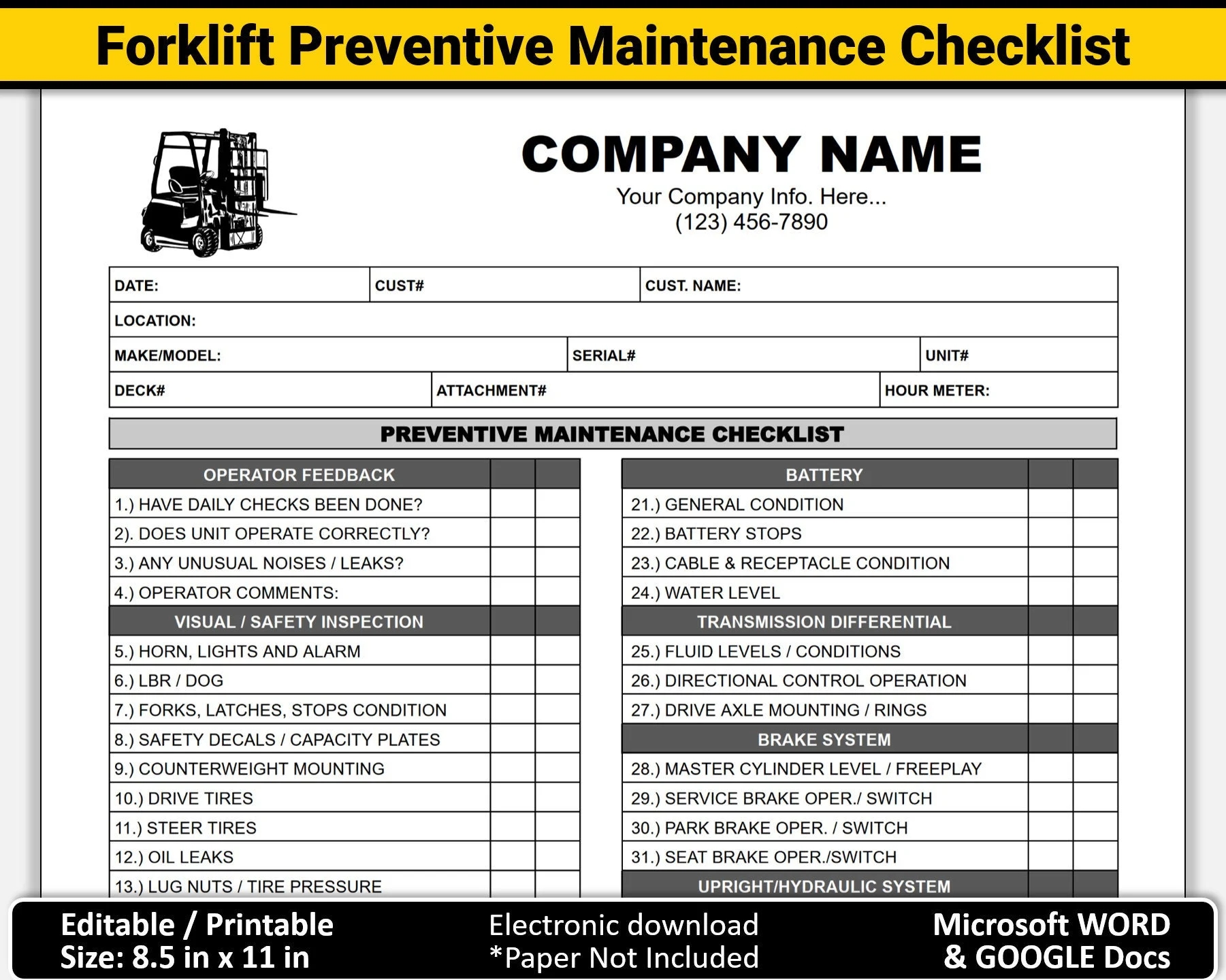 Electric Forklift Preventive Maintenance Checklist Printable Forklift Repair Service Inspection Checklist Editable Printable WORD Template Etsy