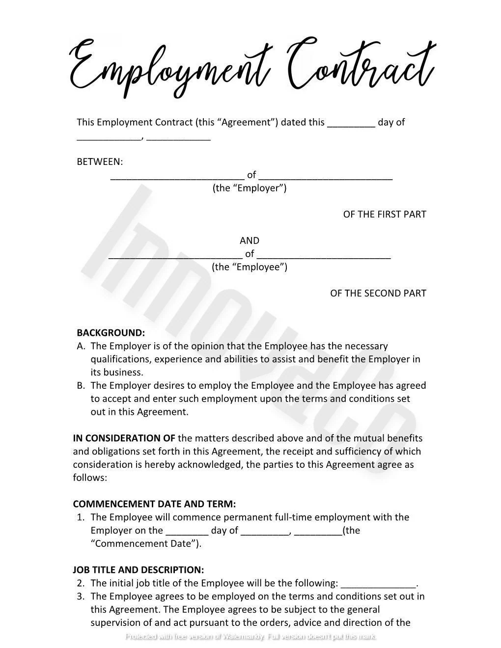 Printable Employment Contract Template