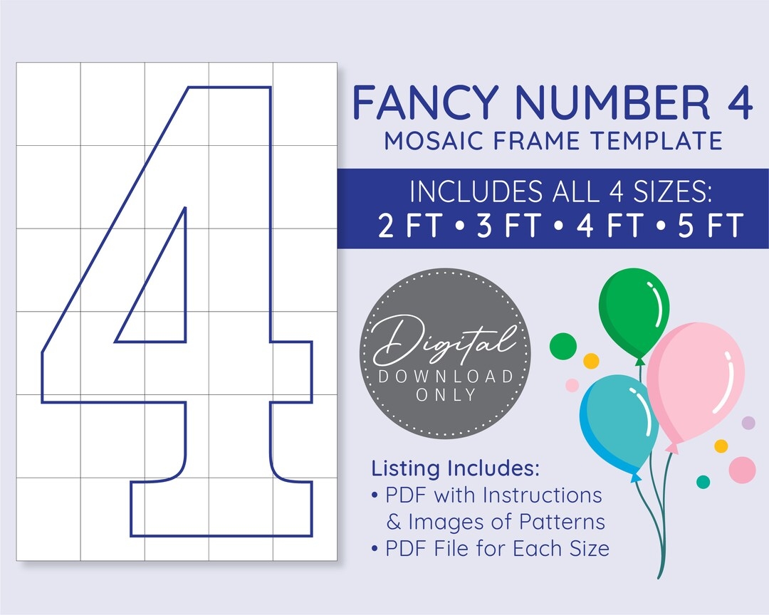 Fancy Number 4 Mosaic Digital Template 2 Ft 3 Ft 4 Ft 5 Ft Fancy Balloon Numbers Marquee Numbers Digital Download Etsy