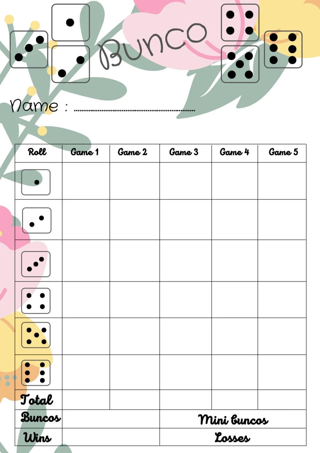 Floral Bunco Score Card Bunco Scoresheet Bunco Score Pads Printable File PDF Download 8 5x11