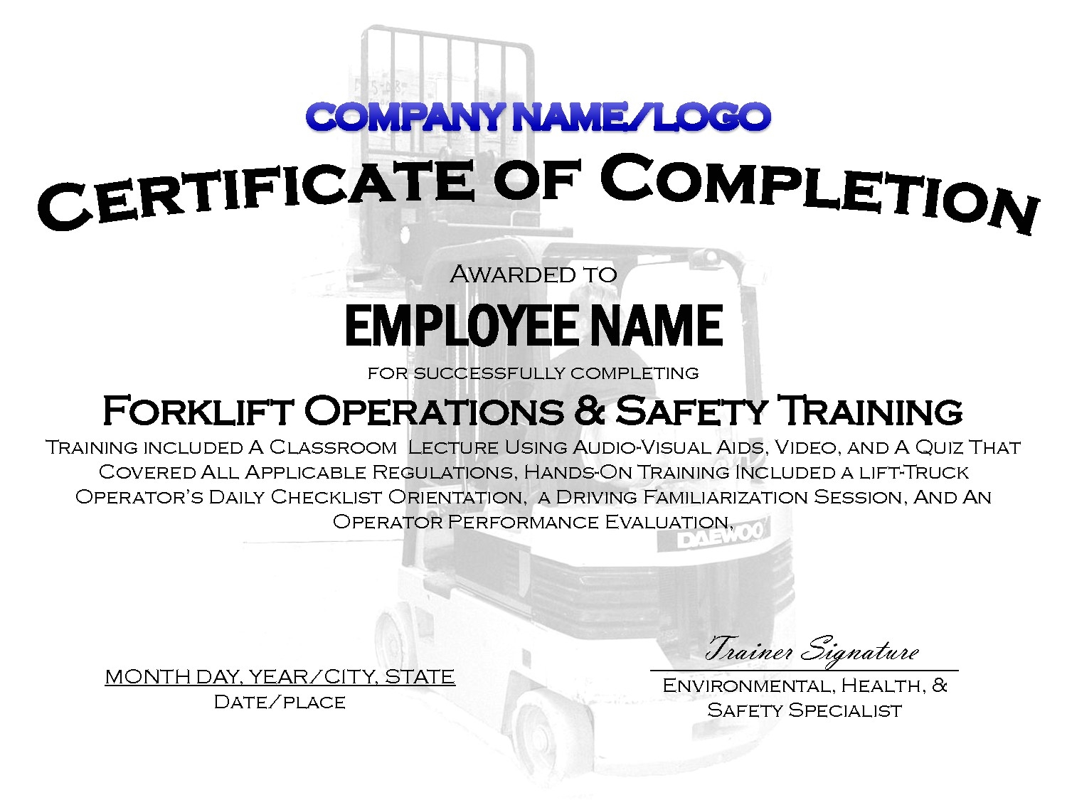 Printable Forklift Certification Card Template