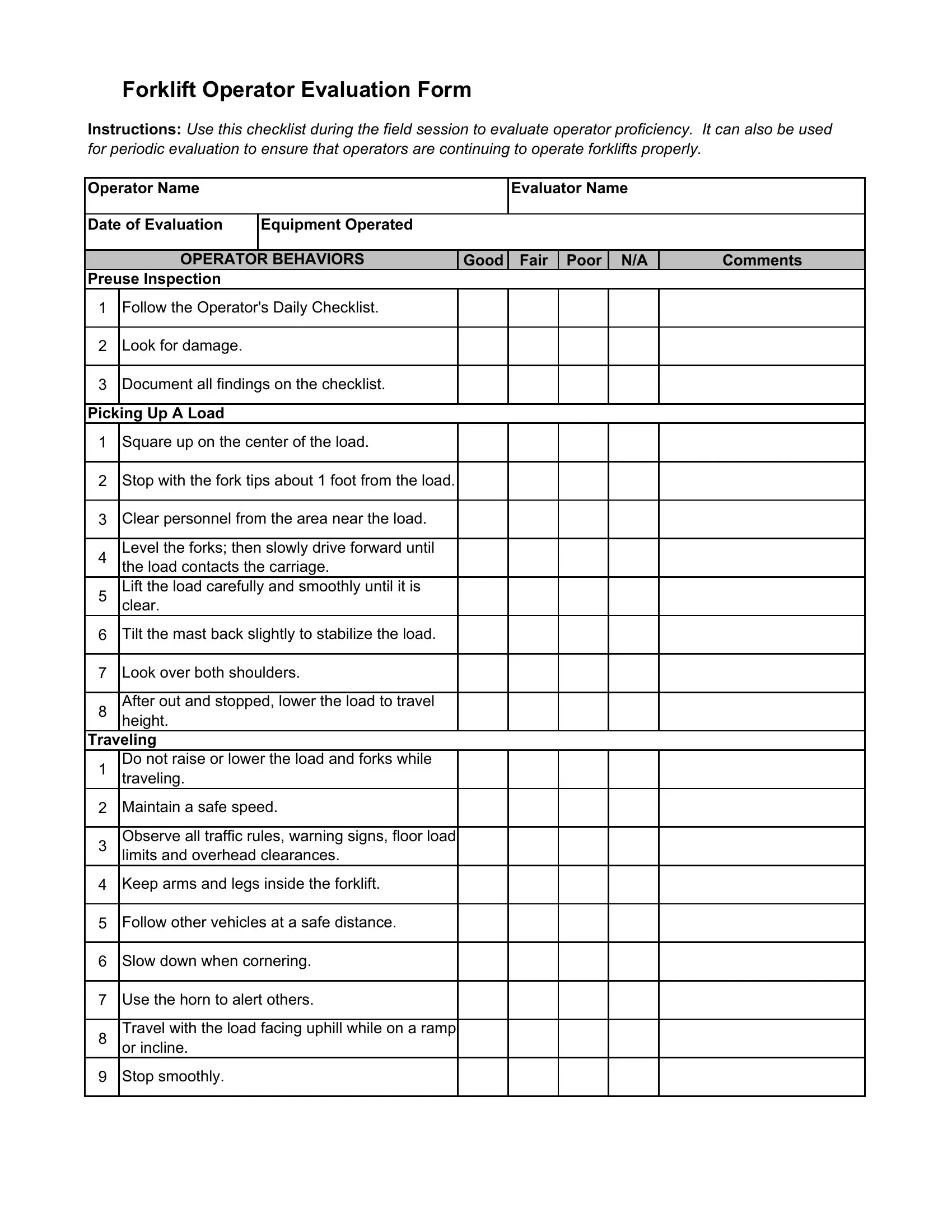 Printable Free Weekly Forklift Inspection Checklist Template