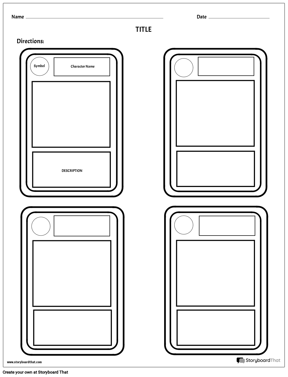 Four Trading Cards Character Map Worksheet Template