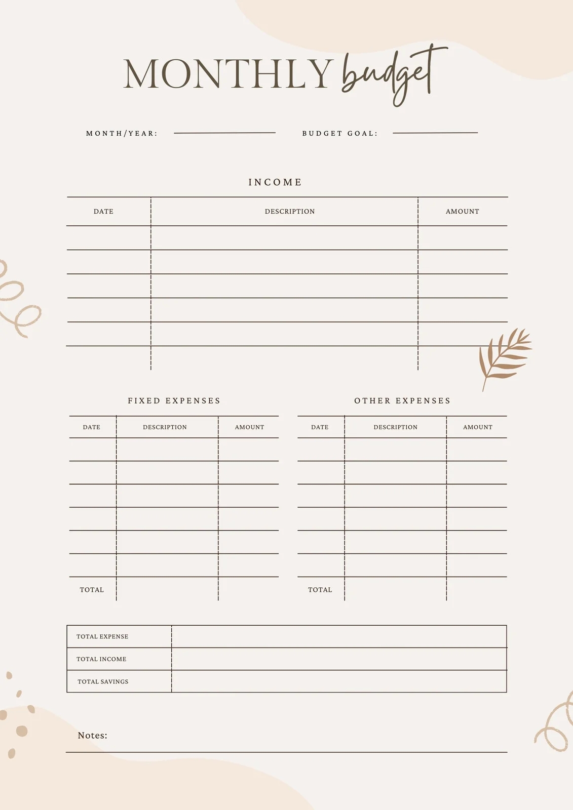 Personal Budget Template Printable