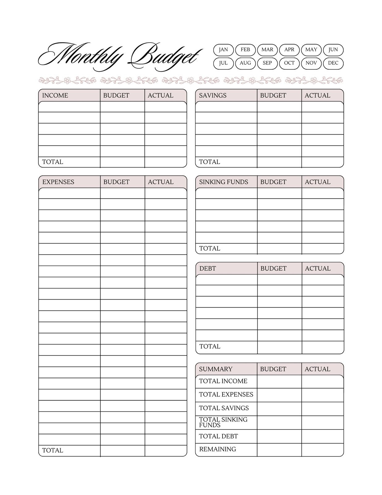 Printable Monthly Bills Template