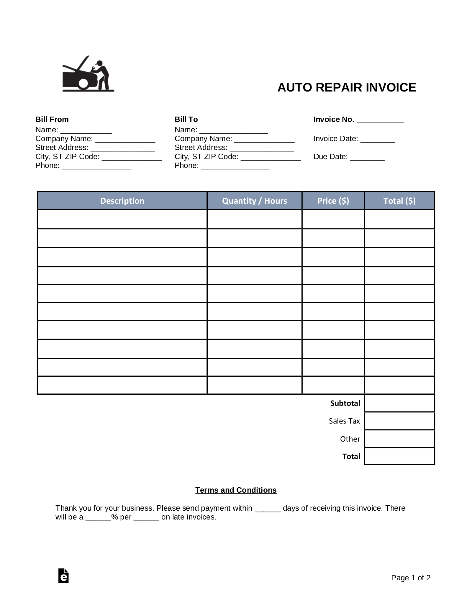 Printable Auto Repair Estimate Template