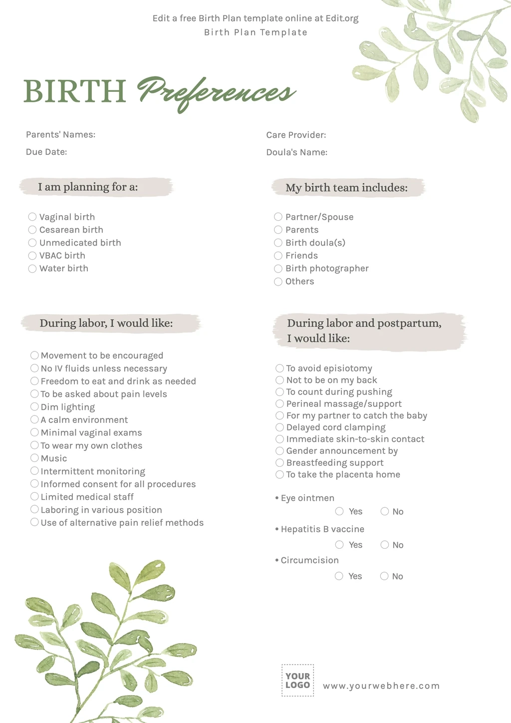 Free Birth Plan Templates