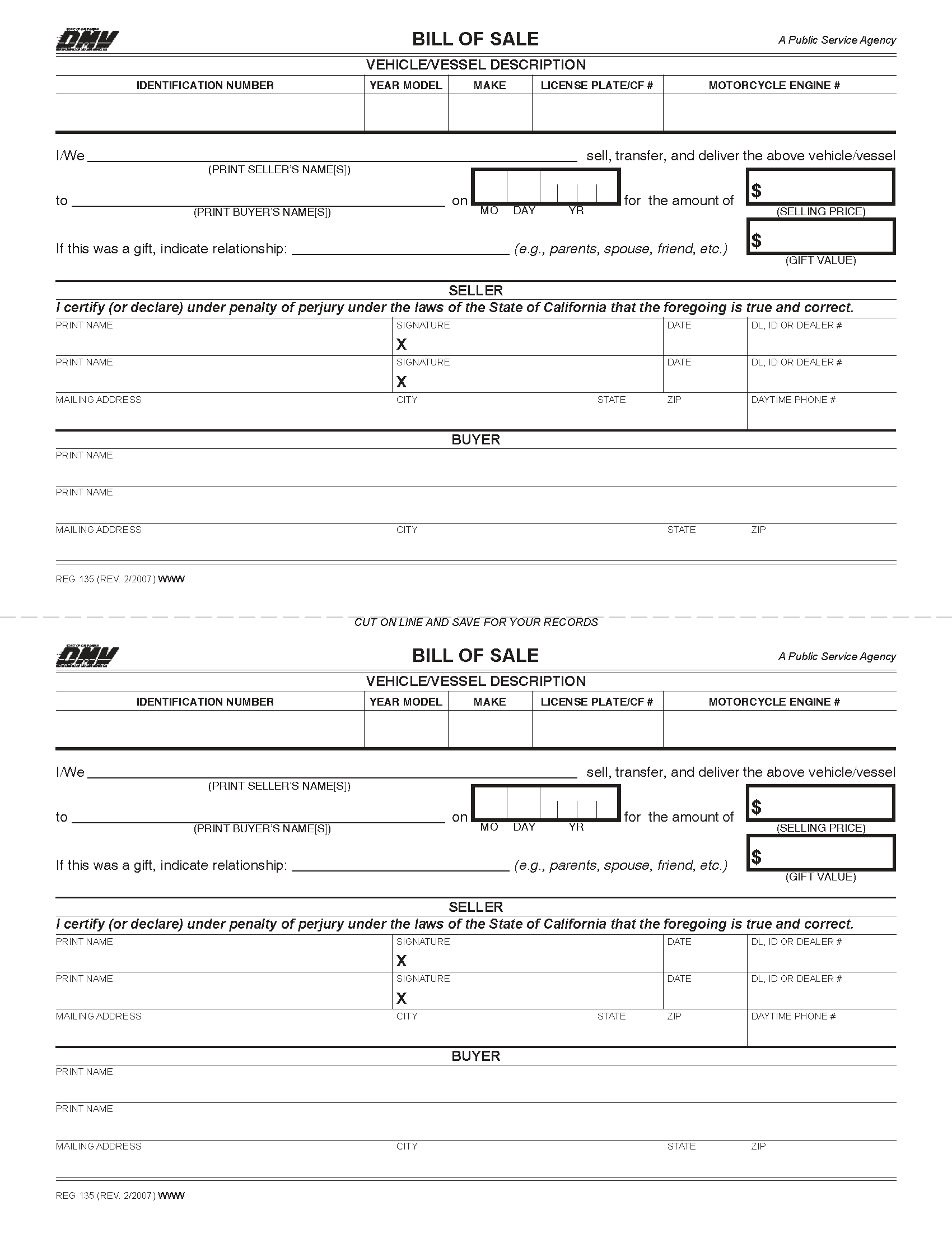 Printable Auto Bill Of Sale Template