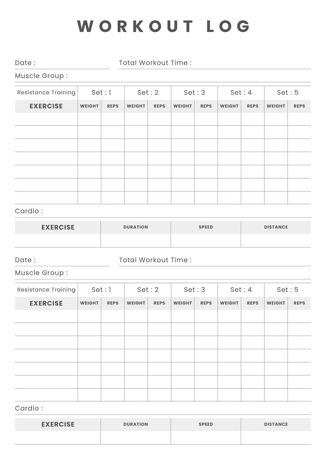 Printable Workout Log Template