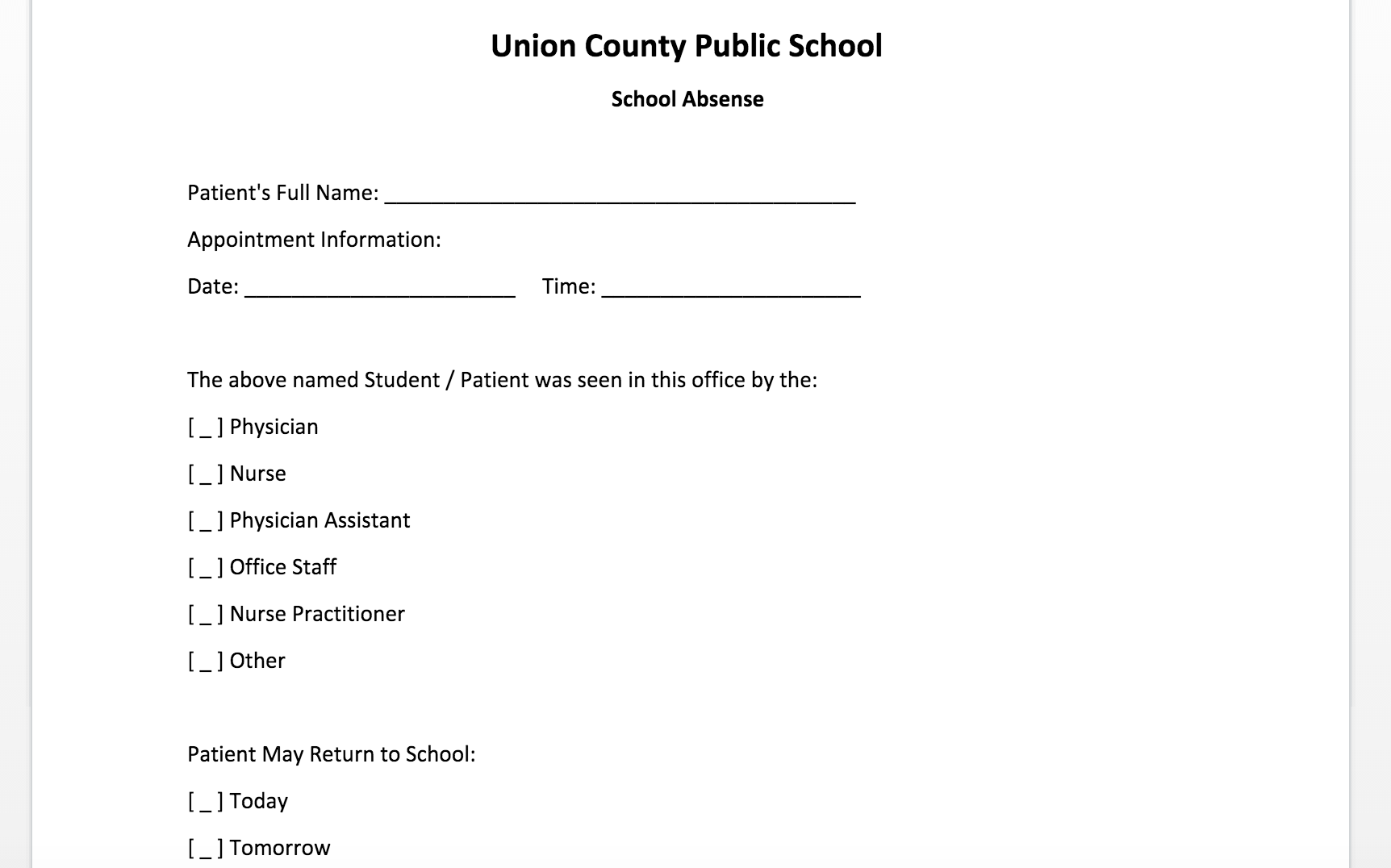 Printable Doctors Note Template