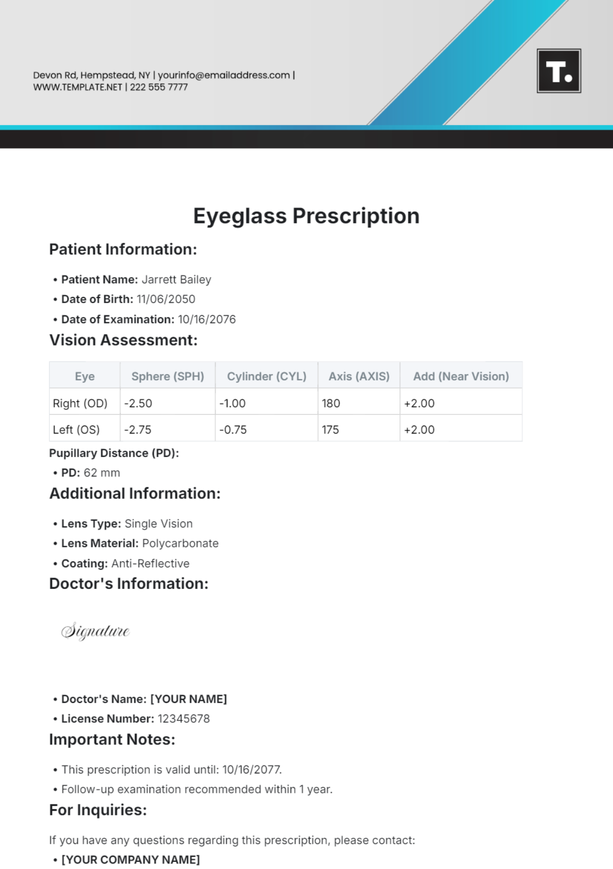 Printable Contact Lens Prescription Template
