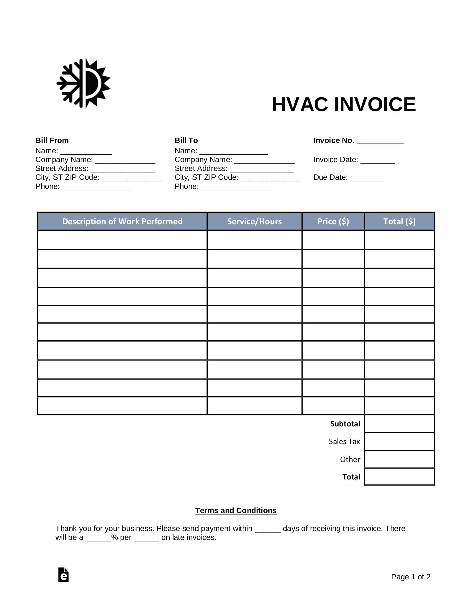 Free HVAC Invoice Template PDF Word EForms Free HVAC Invoice Template PDF Word EForms