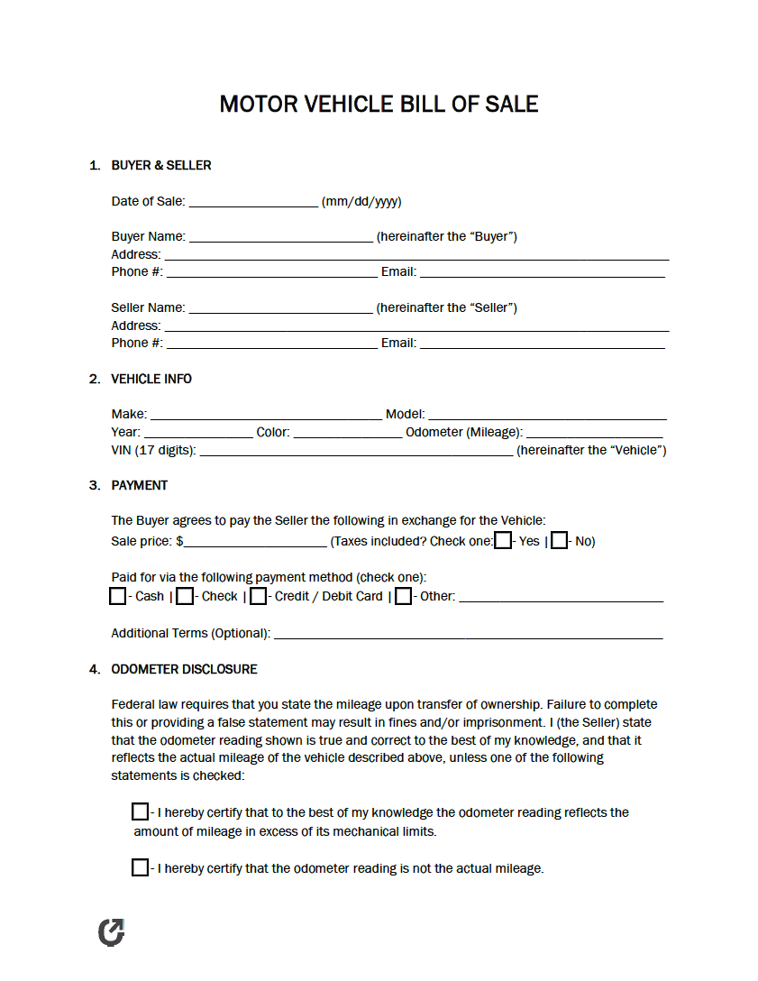 Free Printable Vehicle Bill Of Sale Template