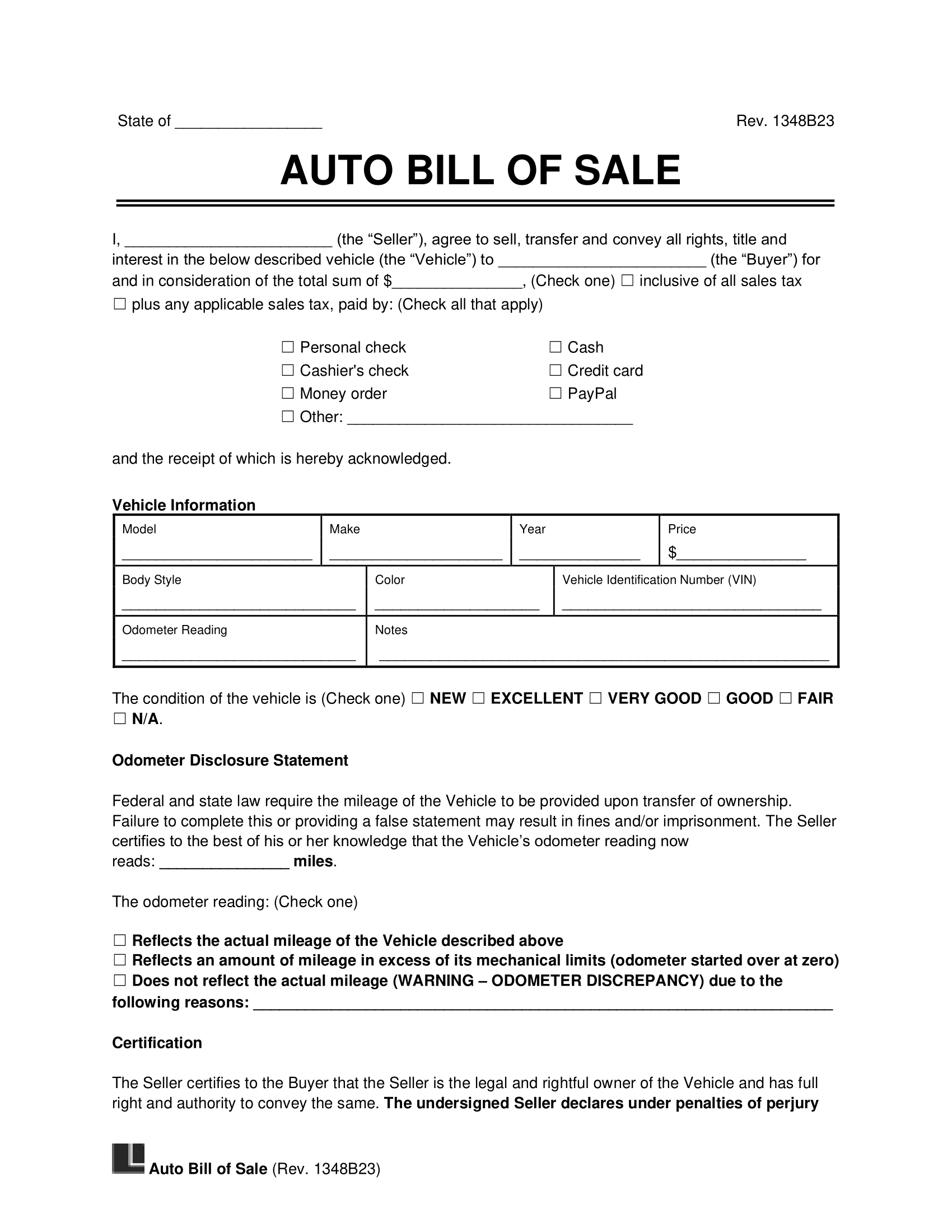 Free Motor Vehicle Bill Of Sale Form PDF Word