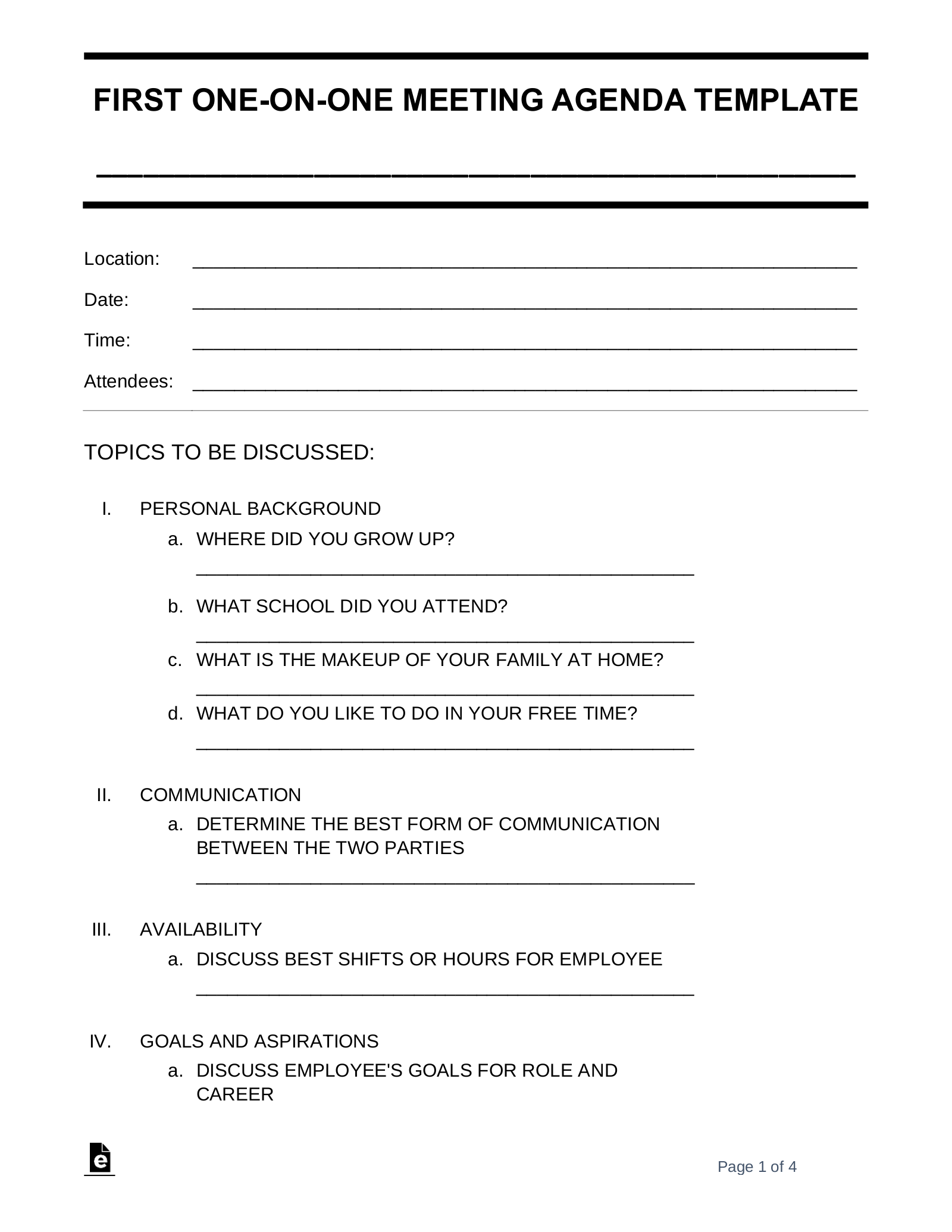 Free One on One Meeting Agenda Template PDF Word EForms Free One on One Meeting Agenda Template PDF Word EForms