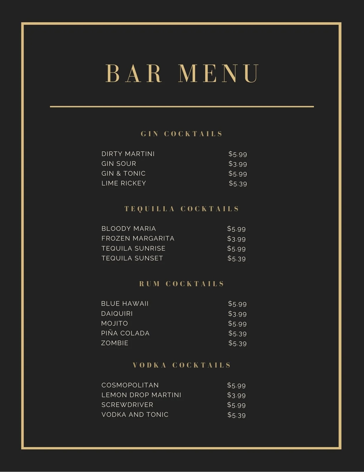Free Printable And Customizable Bar Menu Templates Canva