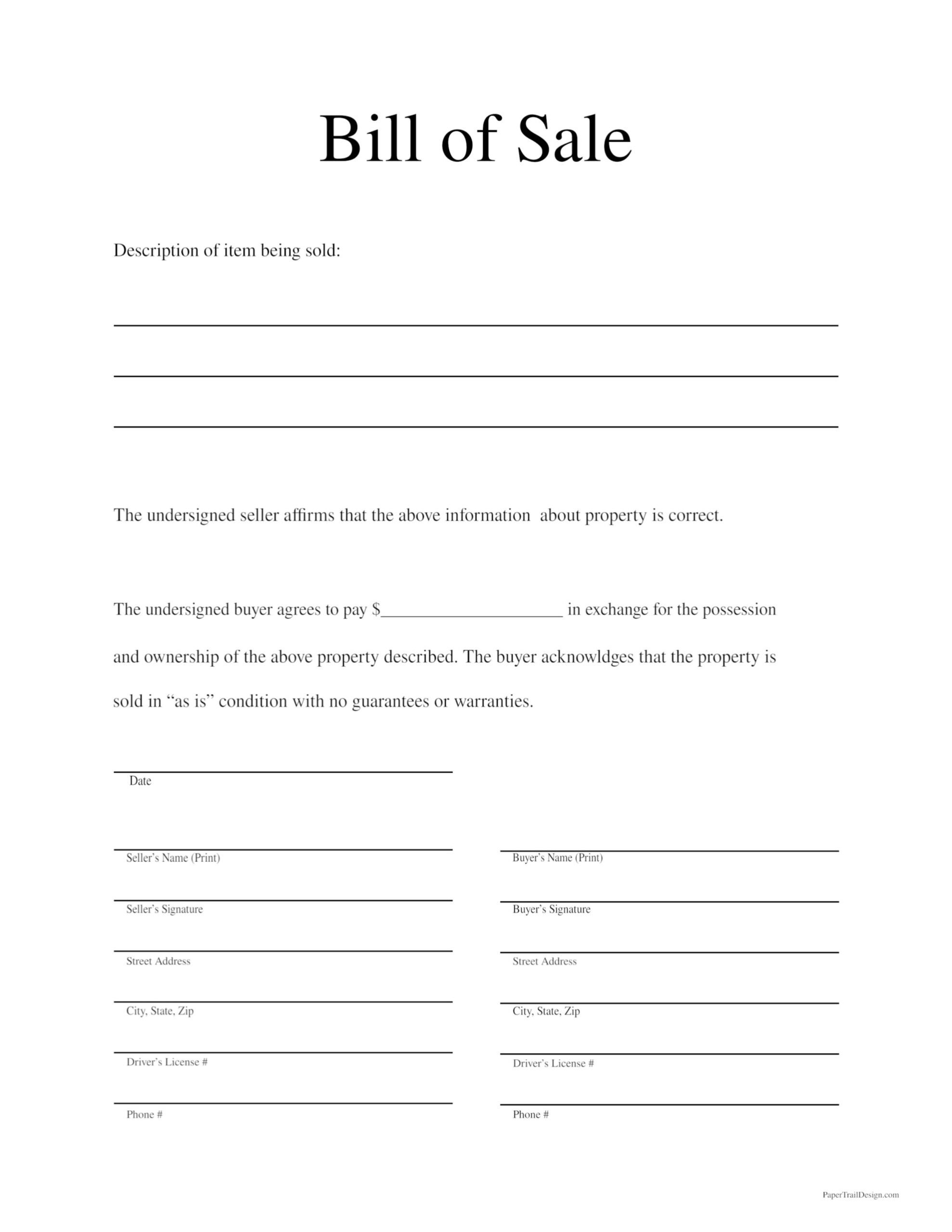 Free Printable Bill Of Sale Template