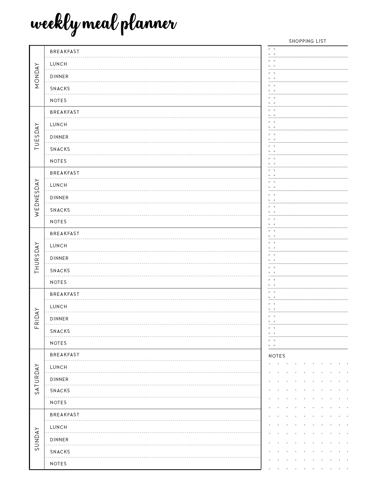 Printable Weekly Menu Templates