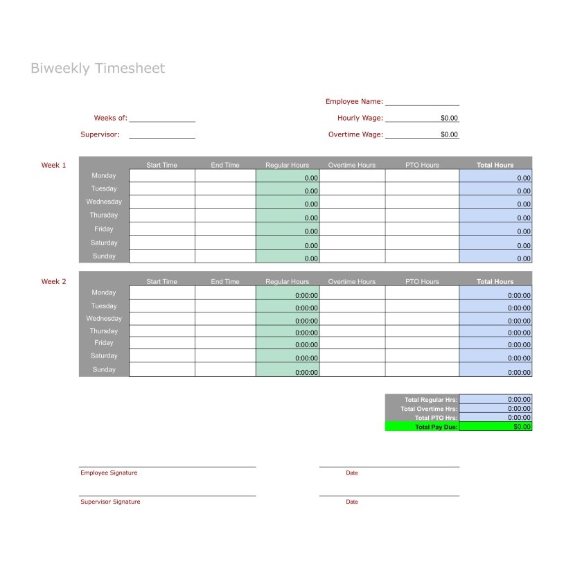 Free Printable Biweekly Timesheet Template