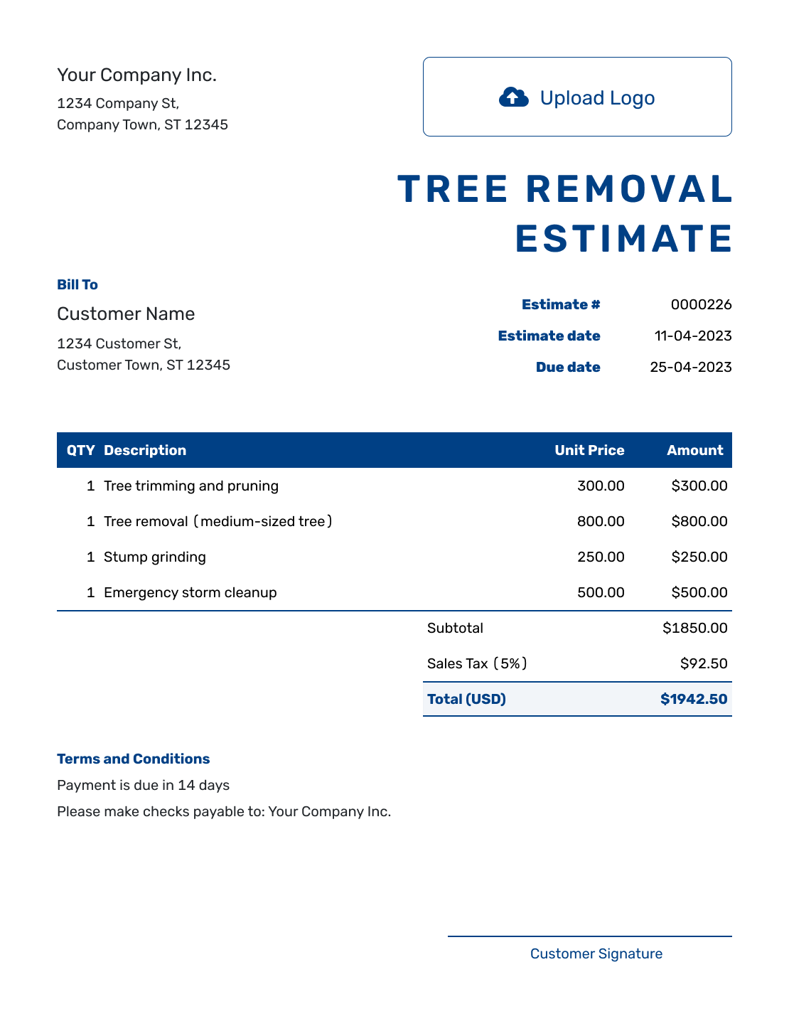 Free Tree Removal Estimate Template Docelf