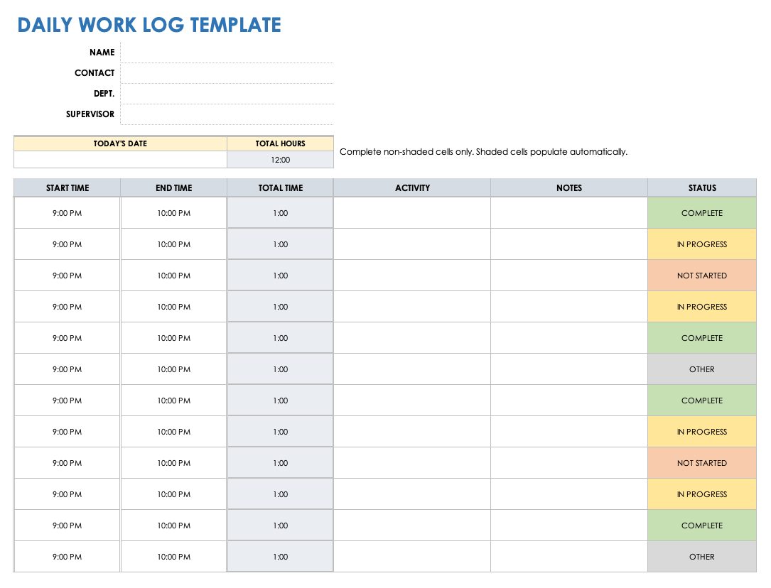 Printable Work Log Template