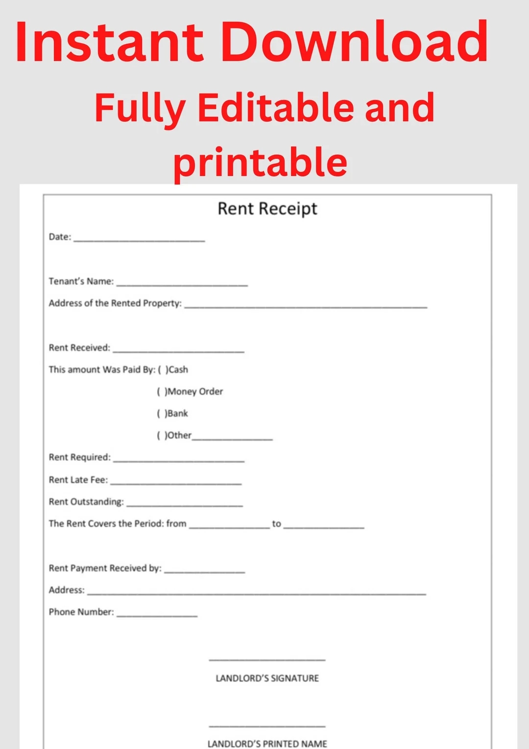 Fully Editable Landlord Rent Receipt Template I Tenant Rent Payment Receipt Proof Of Rent Payment Etsy