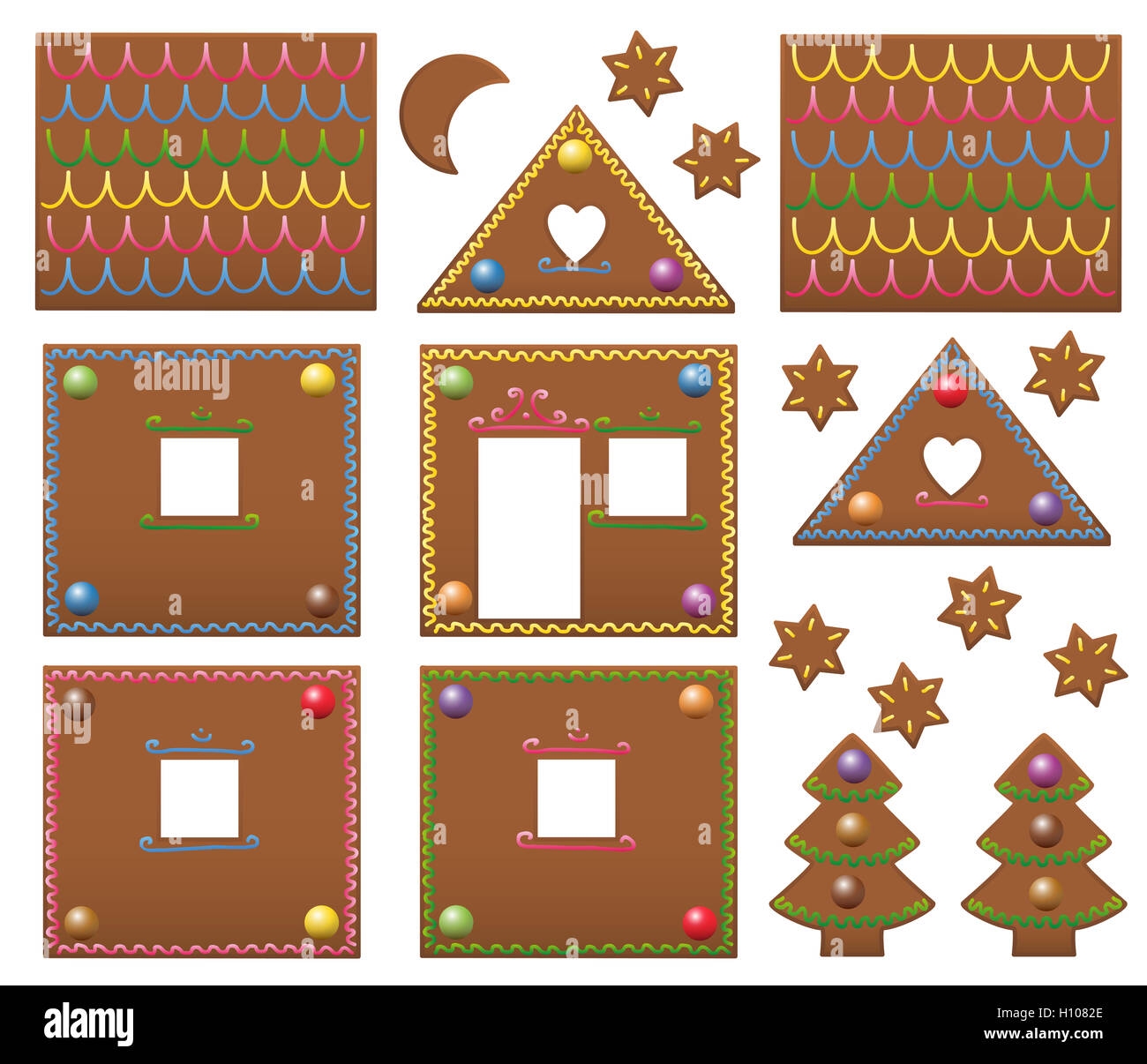 Gingerbread House Template Components With Colorful Candies Illustration On White Background Stock Photo Alamy