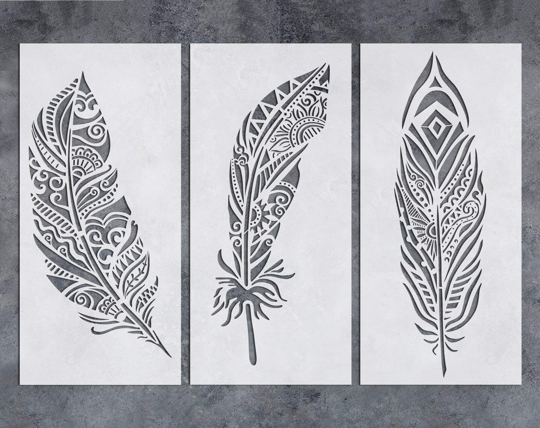 GSS Designs Feather Wall Stencil 3 Pack Large Fancy Mandala Feather Template 8x17 Inch For Painting On Furniture Floor Fabric Reusable SL 079 Amazon co uk DIY Tools