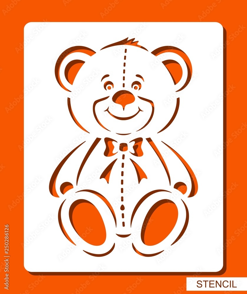 Happy Smiling Teddy Bear Stencil For Children White Object On Orange Background artoon Zoo Character Template For Laser Cutting Wood Carving Paper Cut And Printing Vector Illustration Stock Vector Adobe Stock
