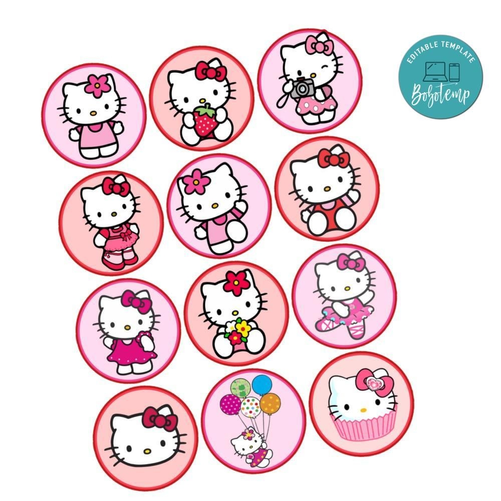 Hello Kitty Cupcake Toppers Template Printable Instant Download Bobotemp