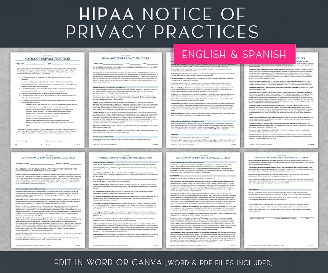 HIPAA Notice Of Privacy Practices Template English Spanish Medical Intake Patient Forms Healthcare Templates 8 5x11 Etsy