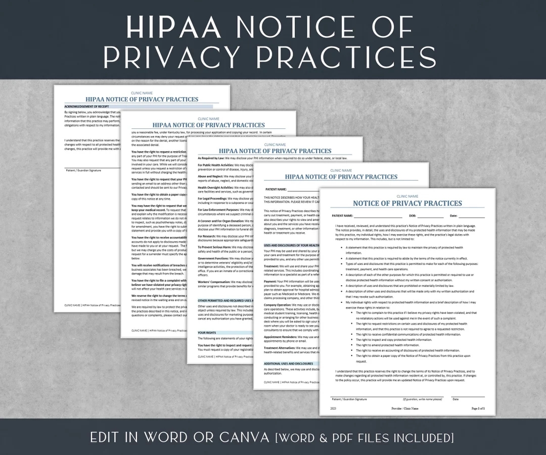HIPAA Notice Of Privacy Practices Template Medical Intake Patient Forms Healthcare Templates Medical History Privacy HIPAA 8 5x11 Etsy