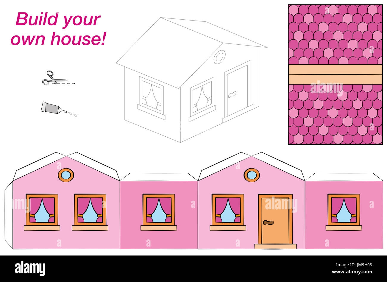 House Template Sweet Pink Comic Cottage Cut Out Fold And Glue It Stock Photo Alamy