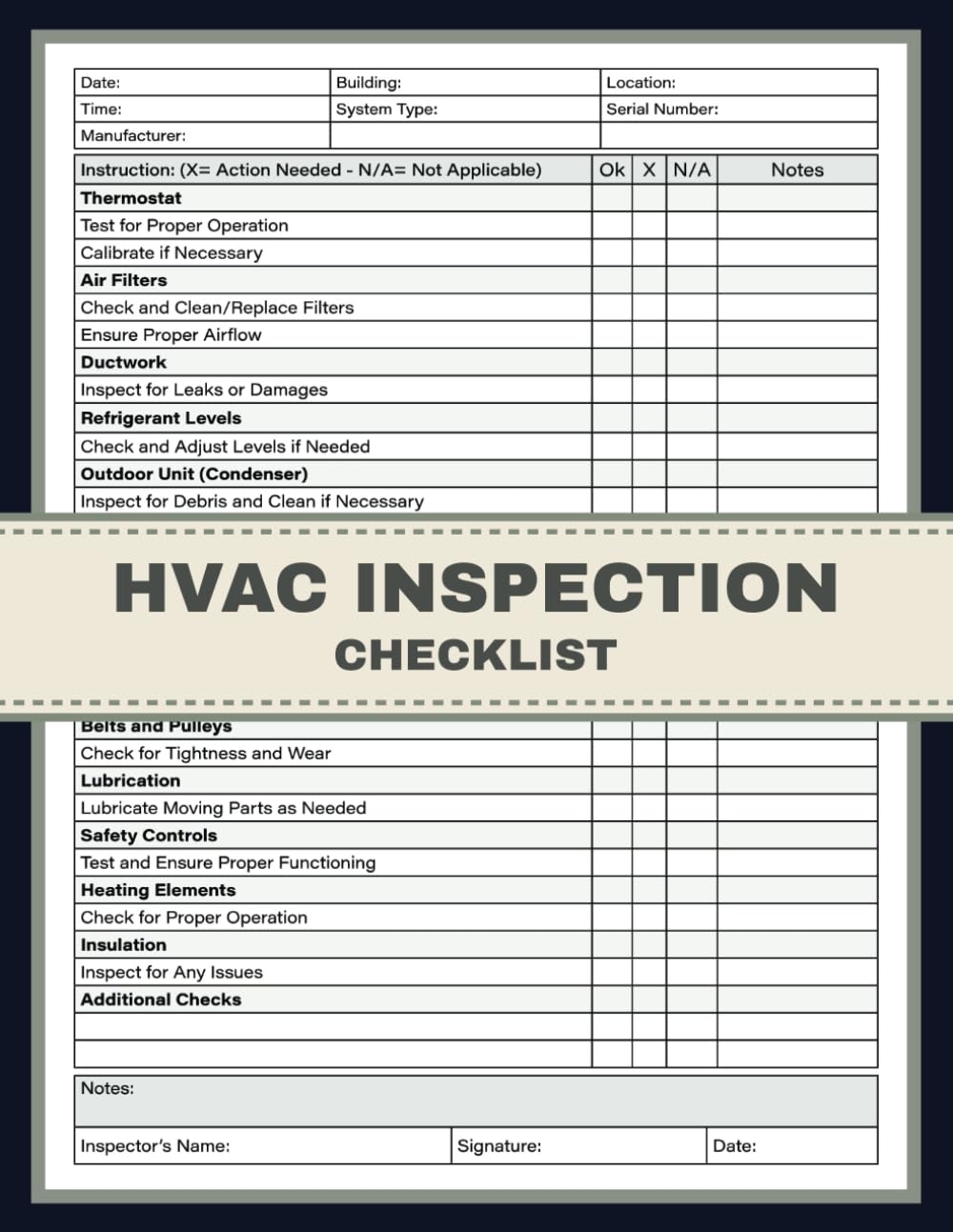 HVAC Inspection Checklist Heating Ventilation And Air Conditioning Daily Inspection Report Book For Technicians Streamlining Essential Checks For Peak HVAC Performance Publishing ArtfullyGia Amazon Books
