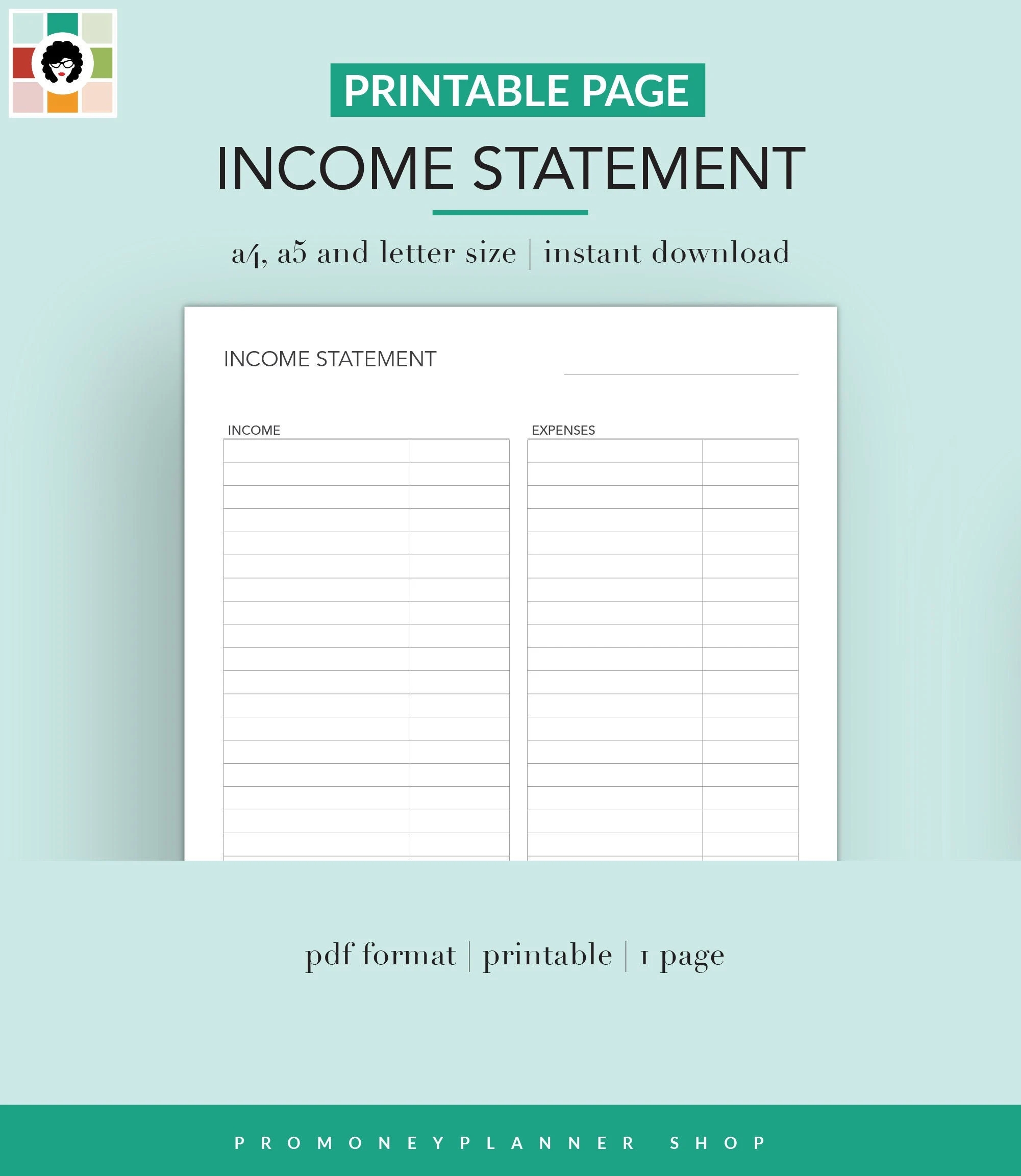 Income Statement Printable PDF Letter A4 A5 Instant 