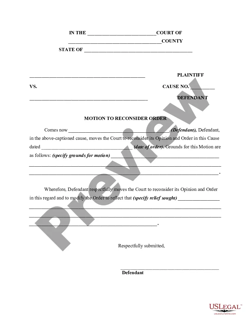 Indiana Motion Of Defendant Requesting Court To Reconsider An Order And Notice Of Motion To Plaintiff US Legal Forms