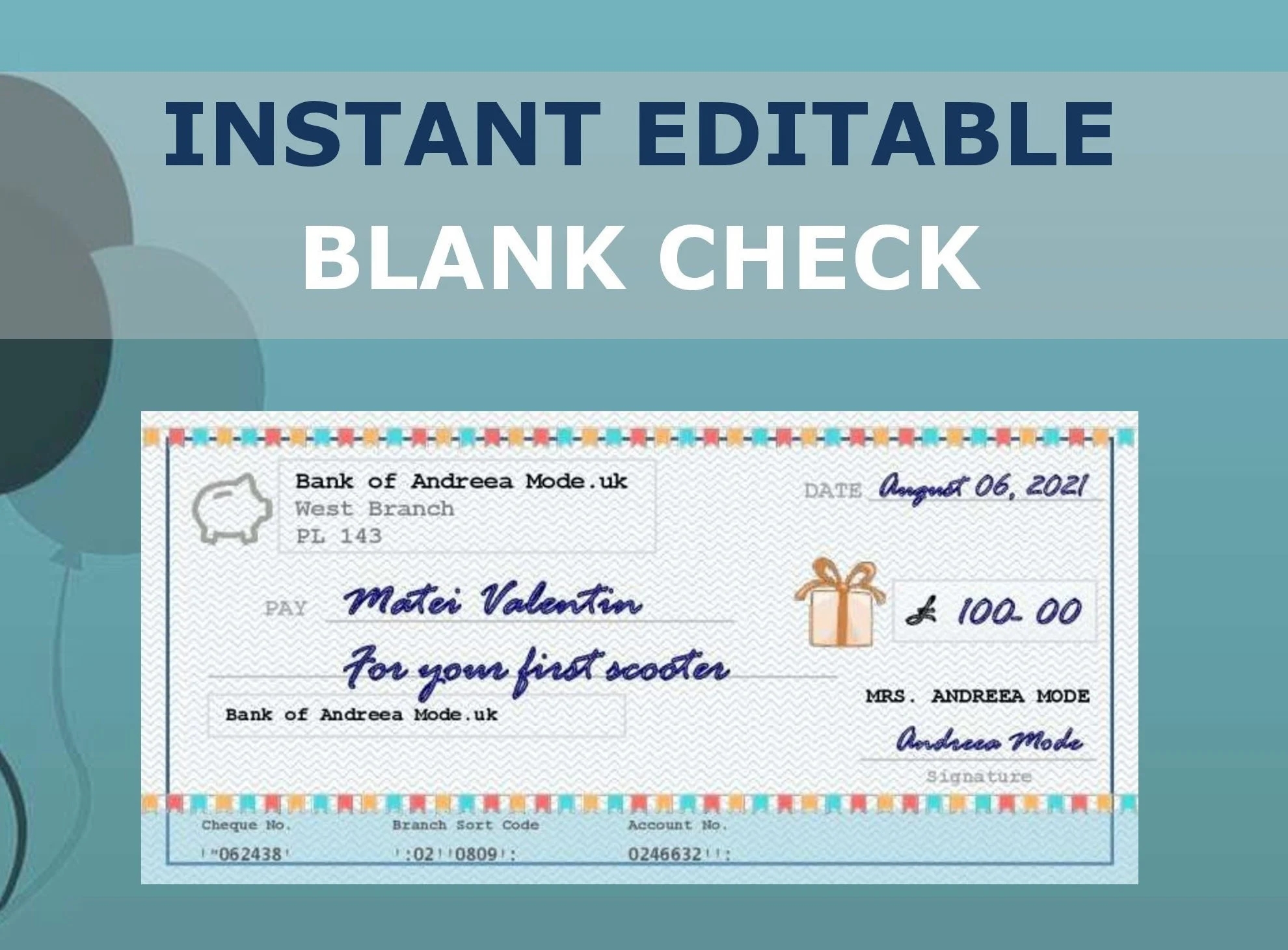 INSTANT EDITABLE And PRINTABLE Blank Check Birthday Gift Celebration Present Kids Last Minute Gift Anniversary Instant Download Etsy UK